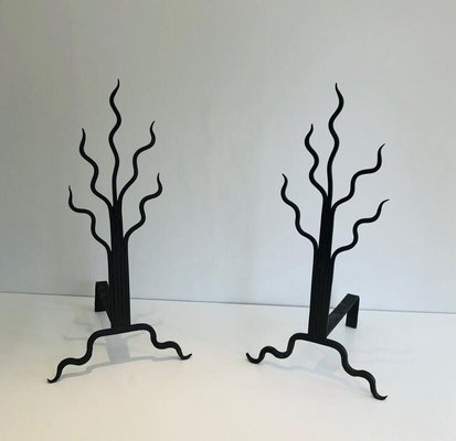 Wrought Iron Shrubs Andirons, France, 1970s, Set of 2-BA-874691