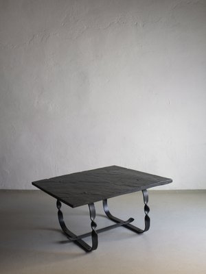 Wrought Metal and Black Stone Square Coffee Table, France, 1970s-UAO-1819495