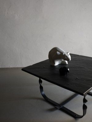 Wrought Metal and Black Stone Square Coffee Table, France, 1970s-UAO-1819495