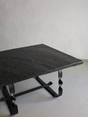 Wrought Metal and Black Stone Square Coffee Table, France, 1970s-UAO-1819495