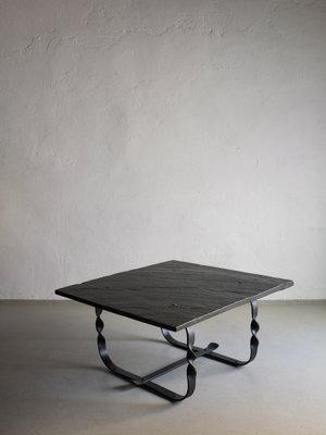 Wrought Metal and Black Stone Square Coffee Table, France, 1970s-UAO-1819495