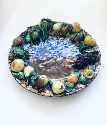 XL Early 20th Century French Art Ceramic Barbotine Summer Fruit Wall Plate, 1920s-RQV-906013