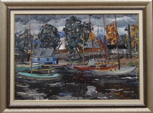 Yachts on the Coast of Lielupe, Oil on Board, 20th Century, Framed