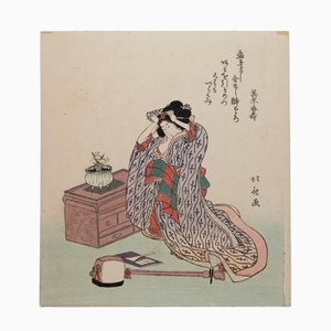 Yanagawa Shigenobu, A Geisha Prepares for a Shamisen Performance for the New Year, Print, 18th Century-ZCI-1163123