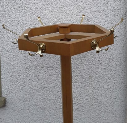 Yellow-Brown Ash Adjustable Coat & Umbrella Stand with Brass-Colored Hooks, 1970s-HOI-874447