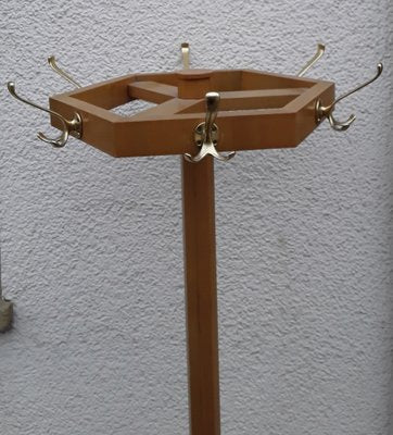 Yellow-Brown Ash Adjustable Coat & Umbrella Stand with Brass-Colored Hooks, 1970s-HOI-874447