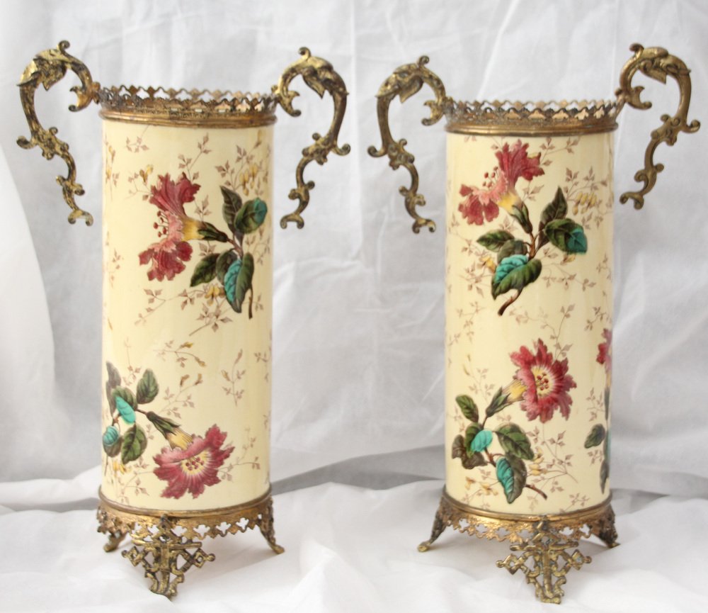 Yellow Ceramic & Bronze Vases with Floral Decor, 1930s, Set of 2