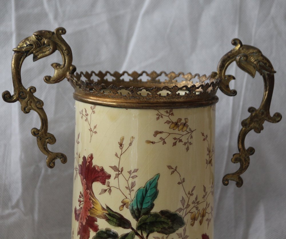 Yellow Ceramic & Bronze Vases with Floral Decor, 1930s, Set of 2