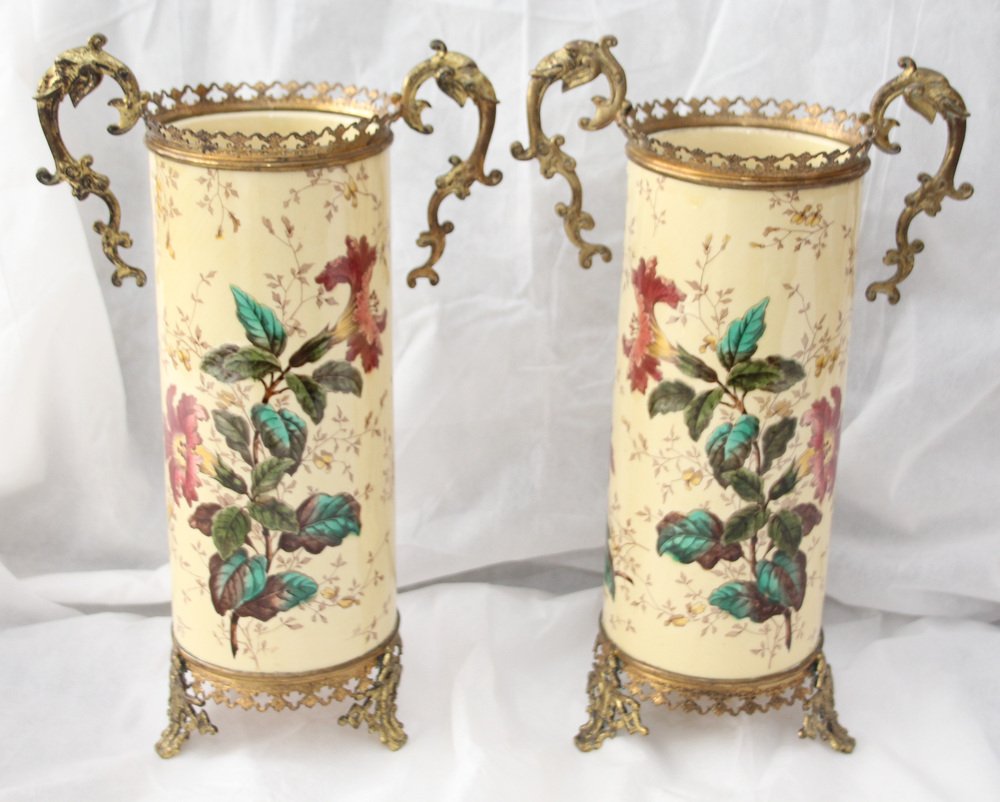 Yellow Ceramic & Bronze Vases with Floral Decor, 1930s, Set of 2