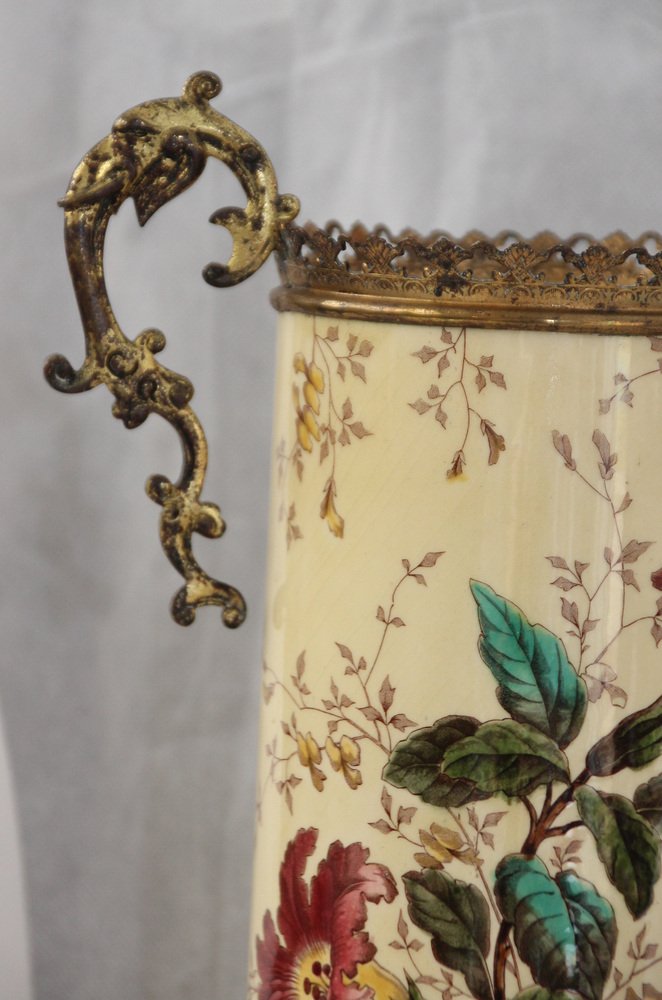 Yellow Ceramic & Bronze Vases with Floral Decor, 1930s, Set of 2