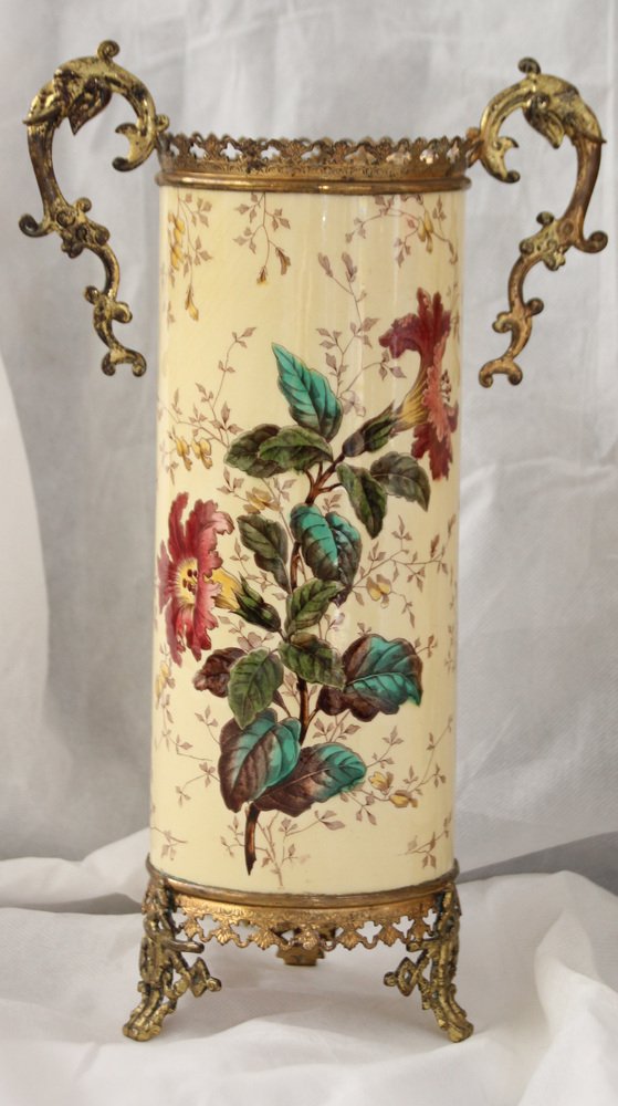 Yellow Ceramic & Bronze Vases with Floral Decor, 1930s, Set of 2