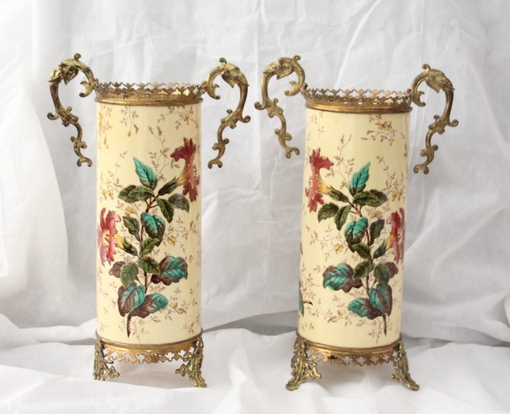 Yellow Ceramic & Bronze Vases with Floral Decor, 1930s, Set of 2