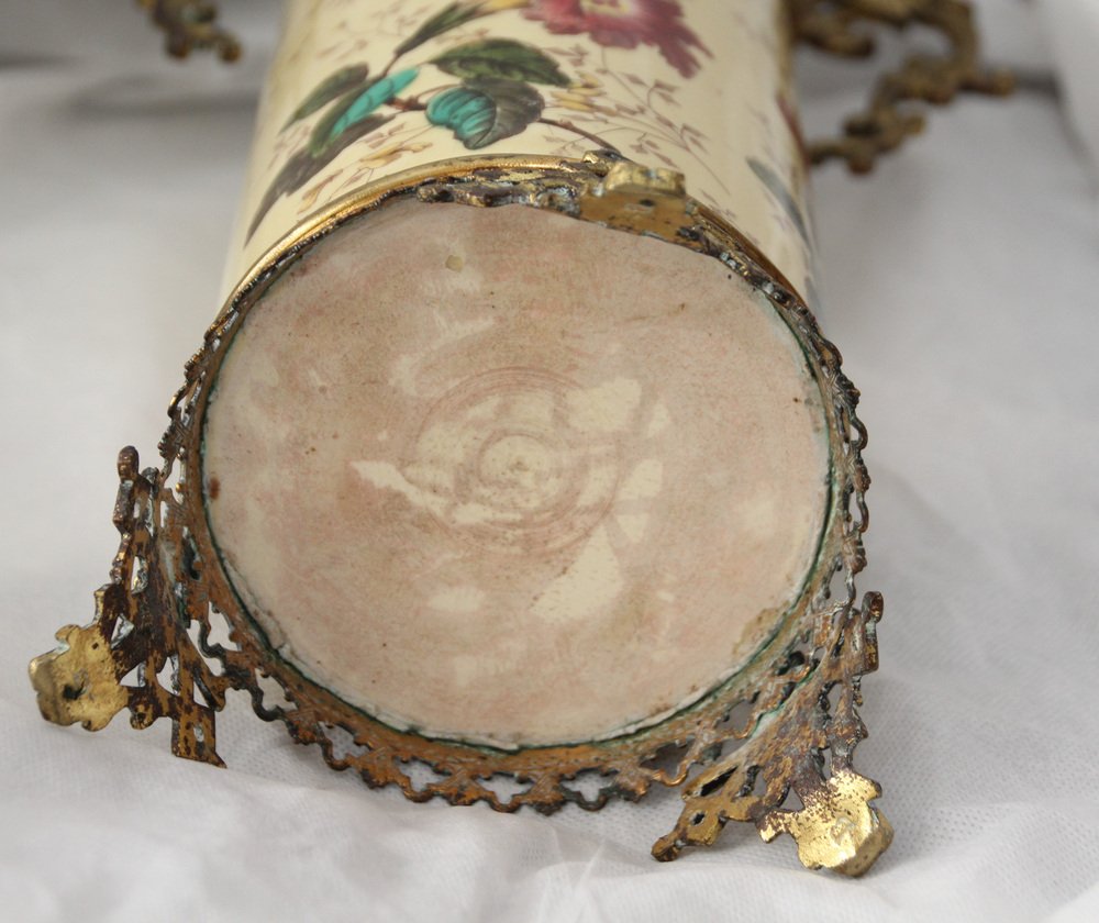 Yellow Ceramic & Bronze Vases with Floral Decor, 1930s, Set of 2