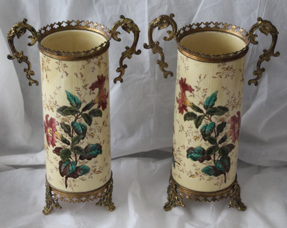 Yellow Ceramic & Bronze Vases with Floral Decor, 1930s, Set of 2