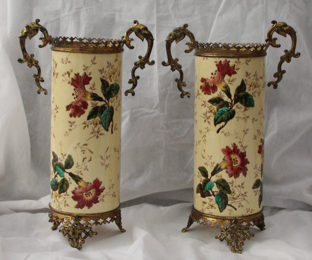 Yellow Ceramic & Bronze Vases with Floral Decor, 1930s, Set of 2