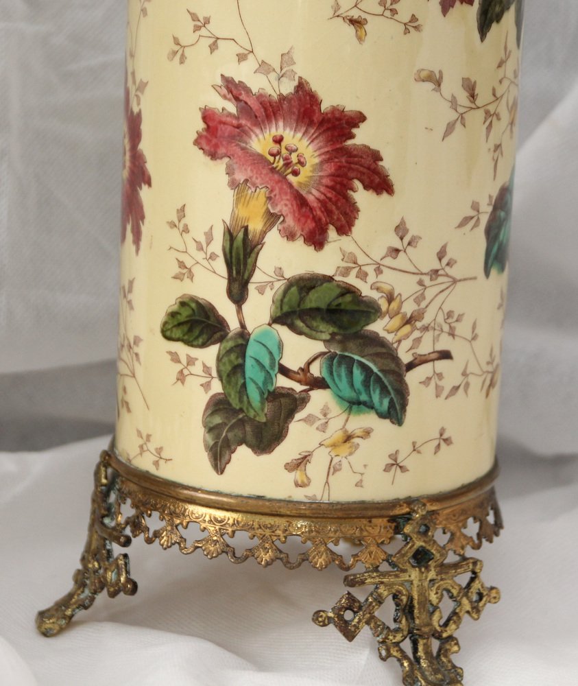 Yellow Ceramic & Bronze Vases with Floral Decor, 1930s, Set of 2