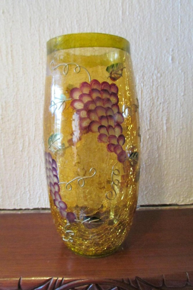 Yellow Glass Vase with Cracked Paint & Grape Motif, 1950s