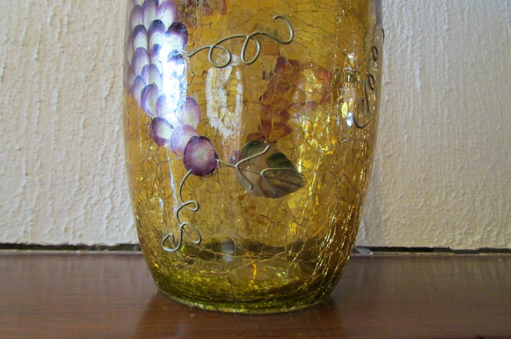 Yellow Glass Vase with Cracked Paint & Grape Motif, 1950s