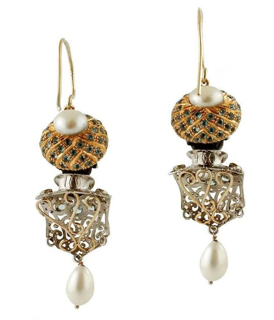 Yellow Gold and Silver Retro Moretto Earrings