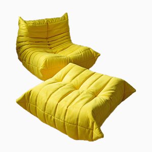 Yellow Microfiber Togo Lounge Chair and Pouf by Michel Ducaroy for Ligne Roset, Set of 2-IXA-767828