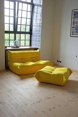 Yellow Microfiber Togo Pouf and 2-Seat Sofa by Michel Ducaroy for Ligne Roset, Set of 2-IXA-660010