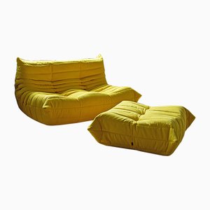 Yellow Microfiber Togo Pouf and 2-Seat Sofa by Michel Ducaroy for Ligne Roset, Set of 2-IXA-660010