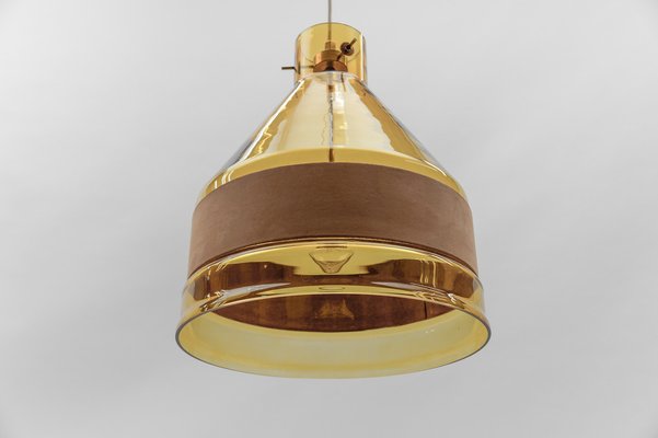 Yellow Tinted Glass Pendant Lamp with Leather by J.T. Kalmar, Austria, 1970s-KQB-1720855