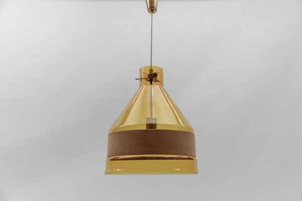 Yellow Tinted Glass Pendant Lamp with Leather by J.T. Kalmar, Austria, 1970s-KQB-1720855