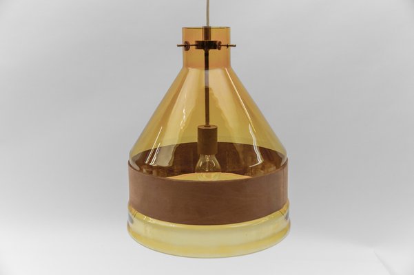 Yellow Tinted Glass Pendant Lamp with Leather by J.T. Kalmar, Austria, 1970s-KQB-1720855