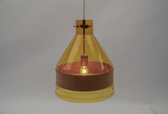 Yellow Tinted Glass Pendant Lamp with Leather by J.T. Kalmar, Austria, 1970s-KQB-1720855