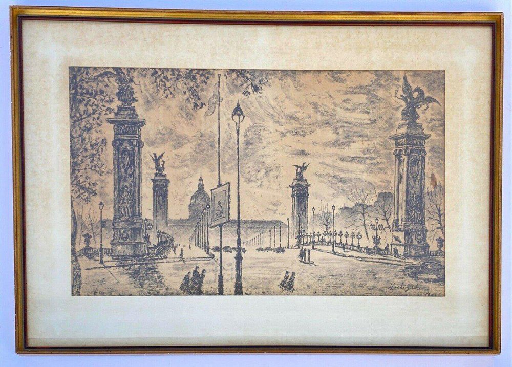 Yonosuke Hoshizaki, View of Pont Alexandre III, 1951, Charocal, Framed