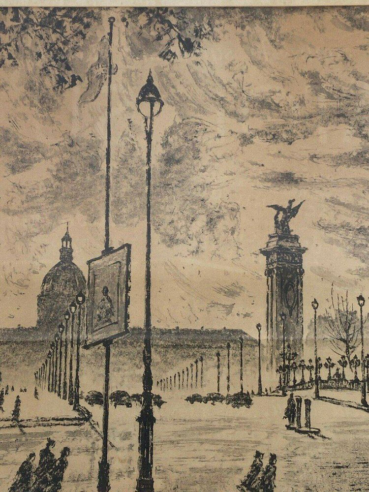 Yonosuke Hoshizaki, View of Pont Alexandre III, 1951, Charocal, Framed