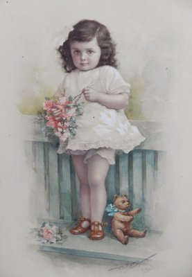 Young Child with Teddybear Watercolor by A. Reng, 1918-ARU-1004830