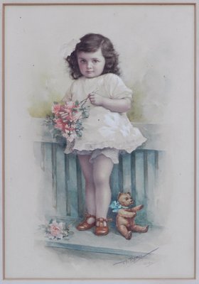 Young Child with Teddybear Watercolor by A. Reng, 1918-ARU-1004830