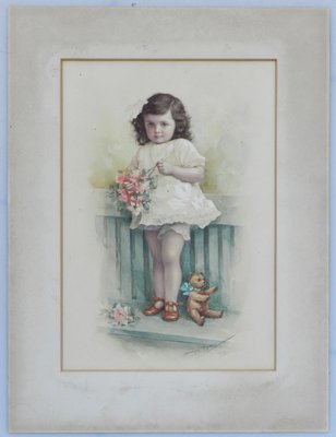 Young Child with Teddybear Watercolor by A. Reng, 1918-ARU-1004830