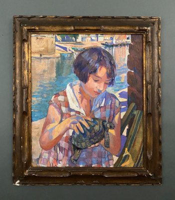 Young Girl with Tortoise, 1930, Oil on Board, Framed-QKG-1821998