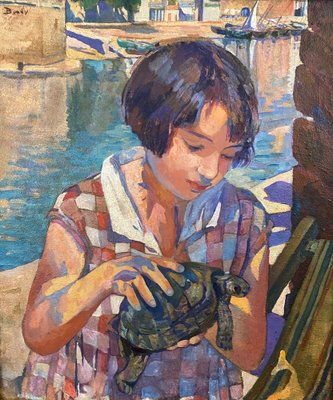 Young Girl with Tortoise, 1930, Oil on Board, Framed-QKG-1821998