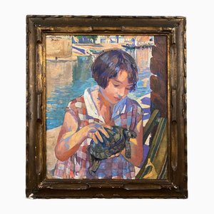 Young Girl with Tortoise, 1930, Oil on Board, Framed-QKG-1821998