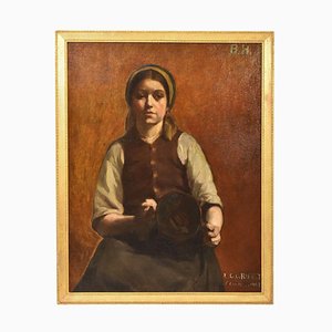 Young Woman Portrait with Copper Vase, Oil Painting, Early 20th Century-YVI-888723