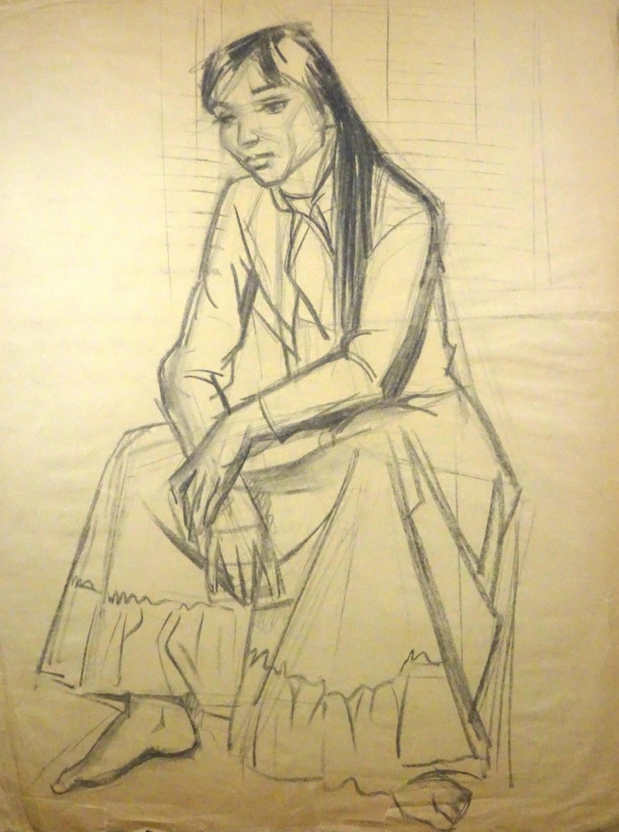 Young Woman Sitting - Charcoal Drawing by Gio Colucci - 20th Century Mid 1900