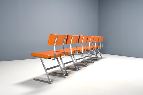 Zig Zag Chairs in Metal and Orange Leatherette, Belgium, 1960s, Set of 6-QT-1704356