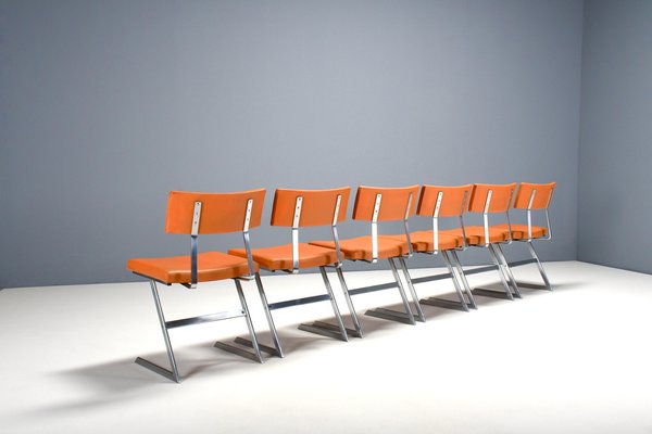 Zig Zag Chairs in Metal and Orange Leatherette, Belgium, 1960s, Set of 6-QT-1704356