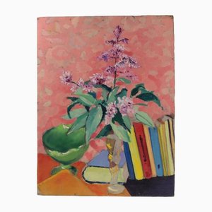 Zigfrīds Vēžnieks, Still Life with a Flower and Books, Oil on Cardboard-WMV-1127683