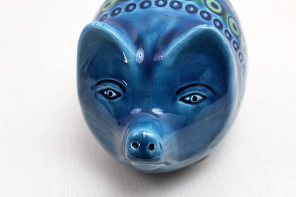 Zoomorphic Ceramic Pig Piggy Bank in Blue by Bitossi for Rimini, Italica Ars, 1970s-BQF-2024784