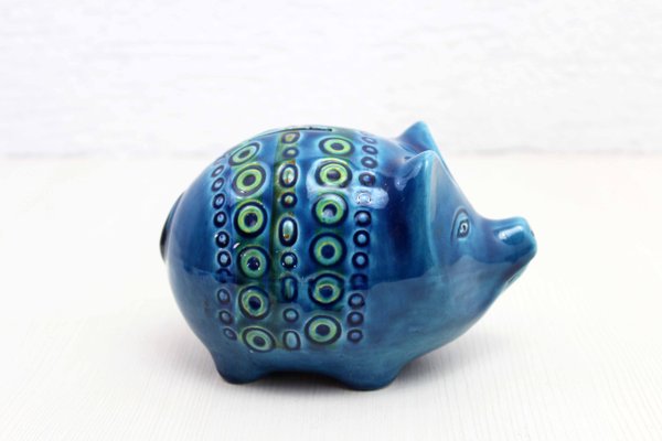 Zoomorphic Ceramic Pig Piggy Bank in Blue by Bitossi for Rimini, Italica Ars, 1970s-BQF-2024784