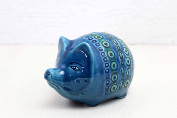 Zoomorphic Ceramic Pig Piggy Bank in Blue by Bitossi for Rimini, Italica Ars, 1970s-BQF-2024784