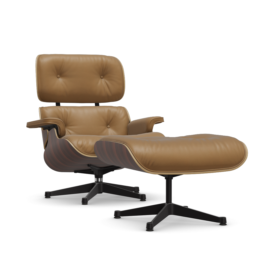 Lounge Chair & Ottoman (New Dimensions) by Vitra #Santos palisander/polished / sides black/Leather Natural F - caramel