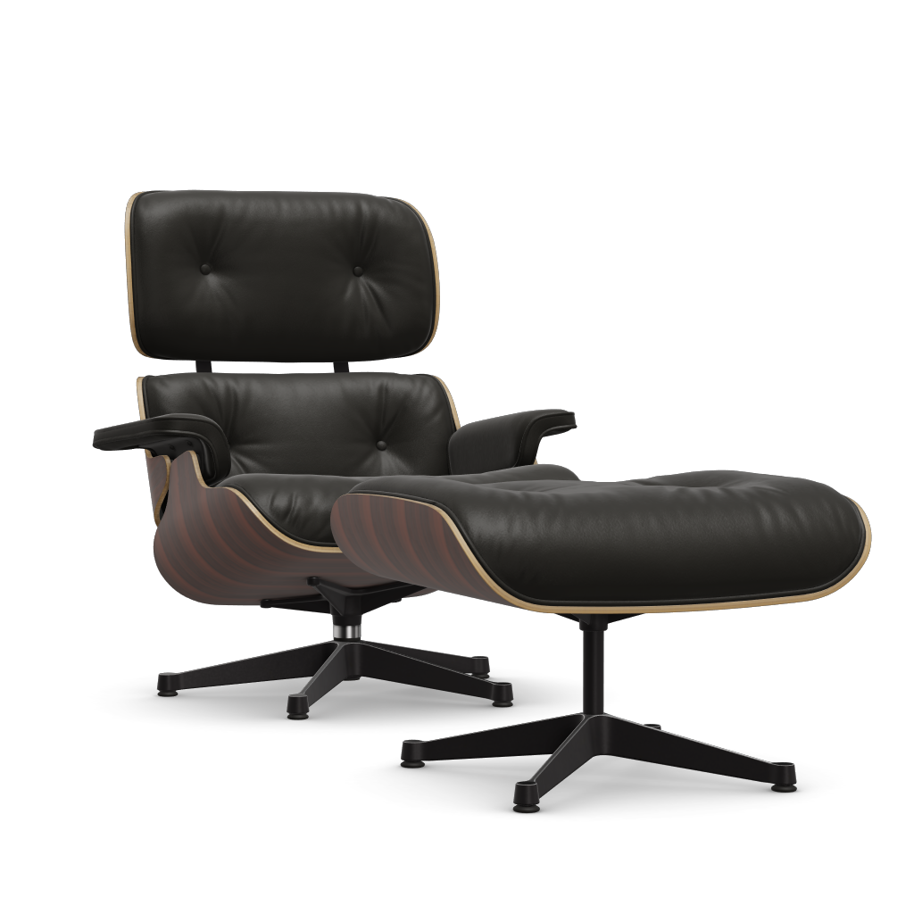 Lounge Chair & Ottoman (New Dimensions) by Vitra #Santos palisander/polished / sides black/Leather Premium F - nero