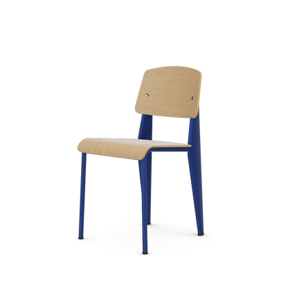 Standard Chair by Vitra #Prouvé Bleu Marcoule powder-coated (smooth), brown glides / natural oak, with protective varnish