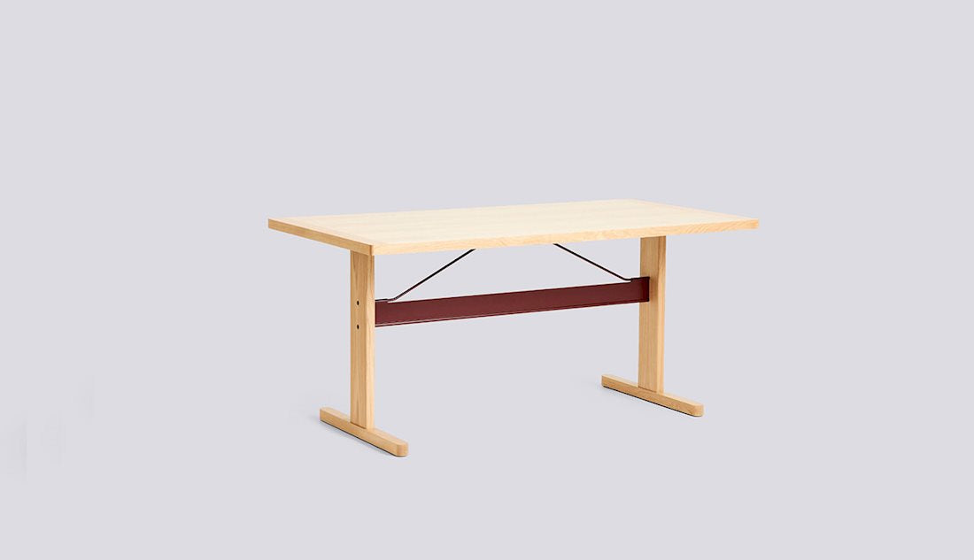 Passerelle Table by Hay #H74 x W160 x L85/Water-based lacquered Oak Burgundy red powder coated crossbar/Water-based lacquered Solid oak